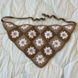 Handmade Flower Brown Checkered Crochet Hair Bandana